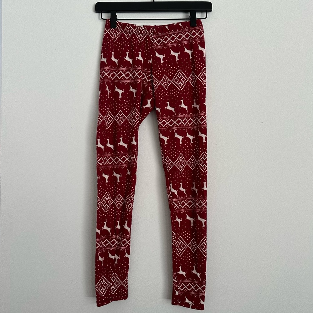 Red Holiday Reindeer & Snowflake Knit Leggings, Size Small —Cozy Christmas Print